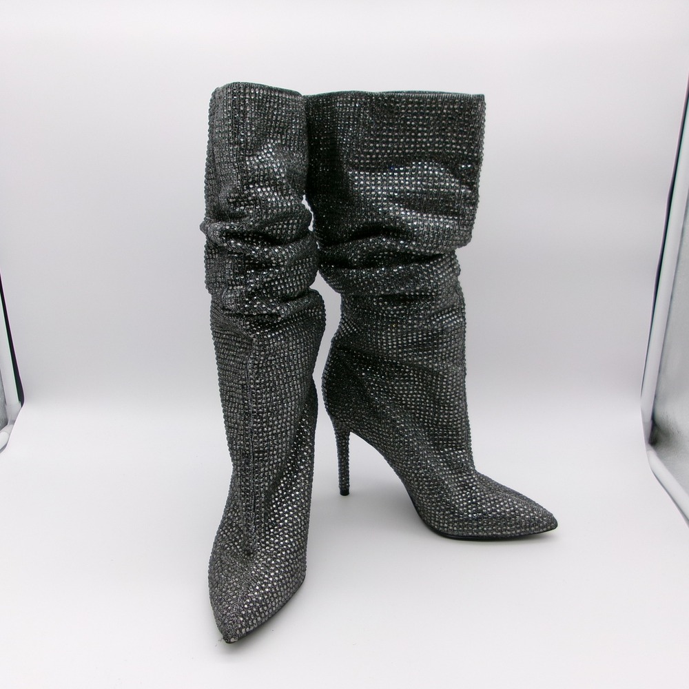 Jessica Simpson Layzer Rhinestone Slouch Boots Gunmetal Silver JS-LAYZER 6M